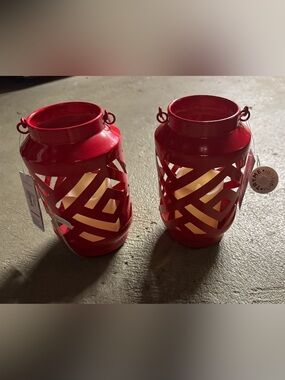 Red Lattice Metal Lanterns - Set of 2